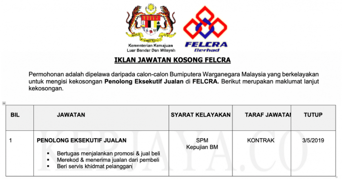 Jawatan Kosong Penolong Eksekutif FELCRA Jawatan Kosong Penolong Eksekutif FELCRA