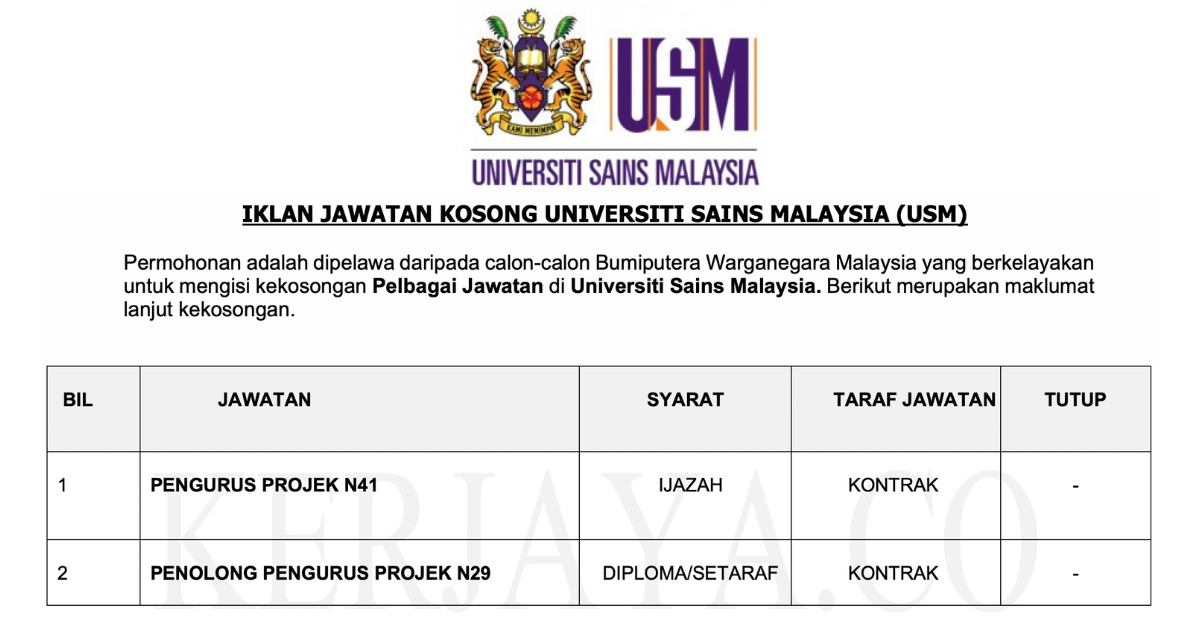 Jawatan Kosong Terkini Usm Universiti Sains Malaysia Kerja Kosong Kerajaan Swasta