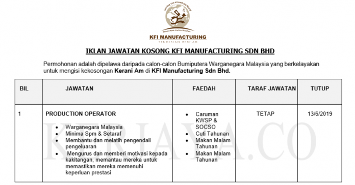KFI Manufacturing Sdn Bhd KFI Manufacturing ~ Production Operator