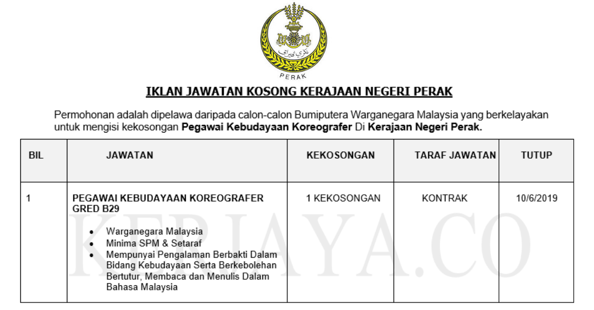 Jawatan Kosong Terkini Kerajaan Negeri Perak Pegawai Kebudayaan Koreografer Kerja Kosong Kerajaan Swasta