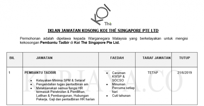 Koi Thé Singapore Pte Ltd Koi Thé ~ Pembantu Tadbir
