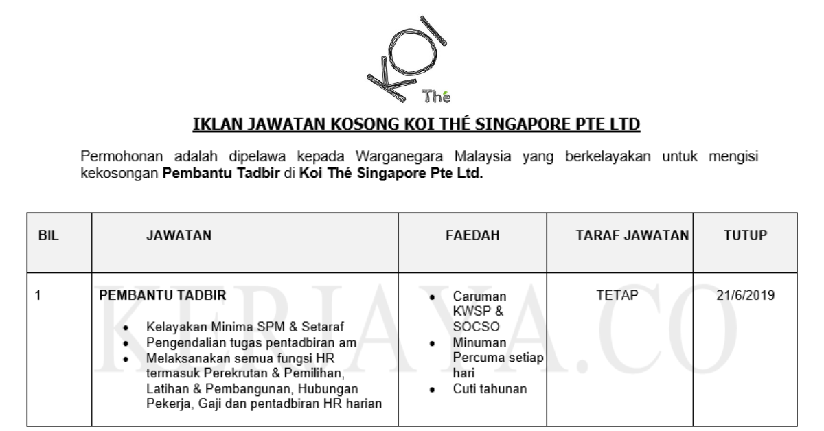 Koi Thé Singapore Pte Ltd • Kerja Kosong Kerajaan