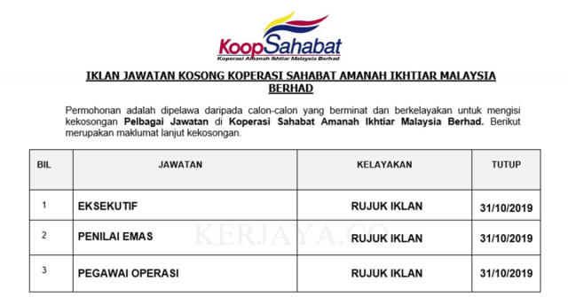 Koperasi Sahabat Amanah Ikhtiar Malaysia ~ Eksekutif, Penilai Emas & Pegawai Operasi