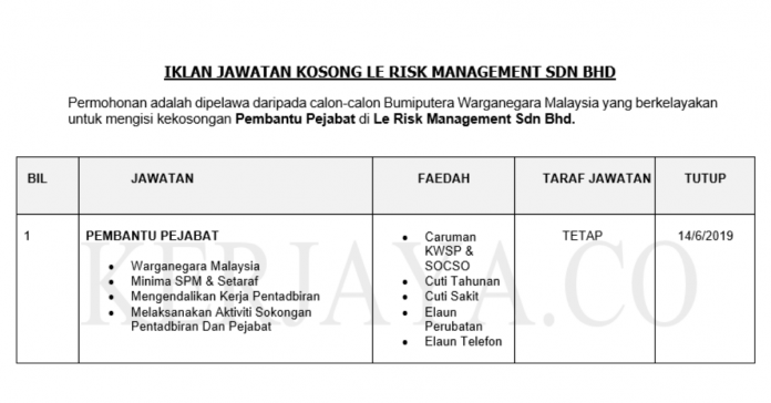 Le Risk Management Sdn Bhd Le Risk Management ~ Pembantu Pejabat
