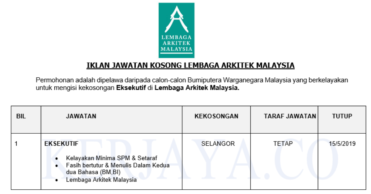 Lembaga Arkitek Malaysia Lam Kerja Kosong Kerajaan