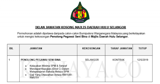 Majlis Daerah Hulu Selangor ~ Penolong Pegawai Seni Bina