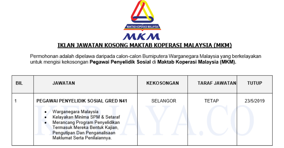 Jawatan Kosong Terkini Maktab Koperasi Malaysia (MKM) ~ Pegawai 