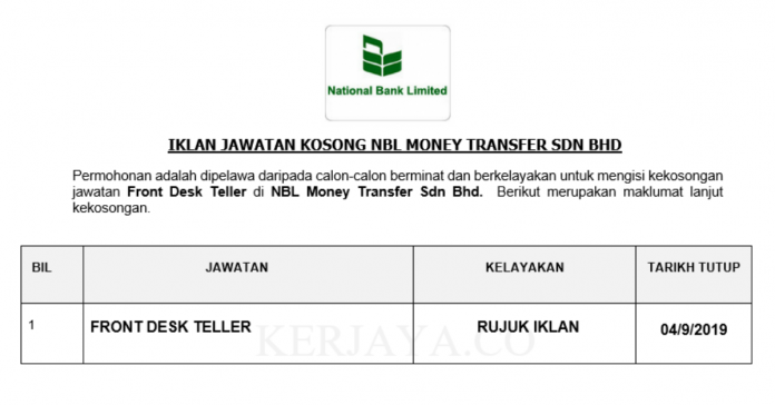NBL Money Transfer Sdn Bhd NBL Money Transfer ~ Front Desk Teller