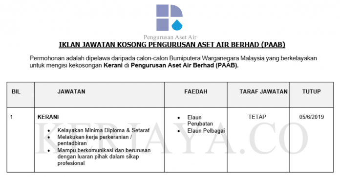 Pengurusan Aset Air Berhad (PAAB) Pengurusan Aset Air Berhad (PAAB) ~ Kerani