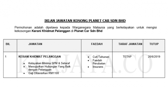 Planet Car Sdn Bhd Planet Car ~ Kerani Khidmat Pelanggan