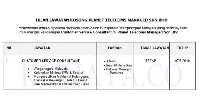 Planet Telecoms Managed Sdn Bhd (1) Planet Telecoms Managed ~ Customer Service Consultant