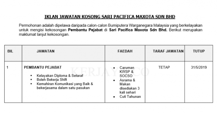 Sari Pacifica Maxota Sdn Bhd (1) Sari Pacifica Maxota ~ Pembantu Pejabat