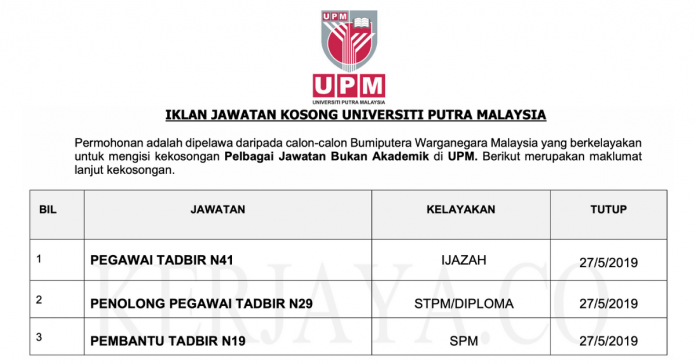 Universiti Putra Malaysia (UPM) _ Kekosongan Jawatan Bukan Akademik 2019 Universiti Putra Malaysia (UPM) ~ Kekosongan Jawatan Bukan Akademik 2019