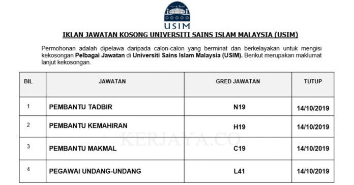 Universiti Sains Islam Malaysia (USIM) Universiti Sains Islam Malaysia (USIM) ~ Pembantu Tadbir, Pembantu Kemahiran, Pembantu Makmal & Pelbagai Jawatan Lain