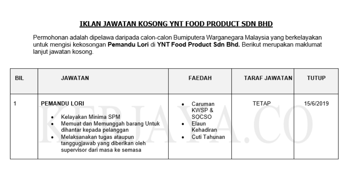 YNT Food Product Sdn Bhd • Kerja Kosong Kerajaan