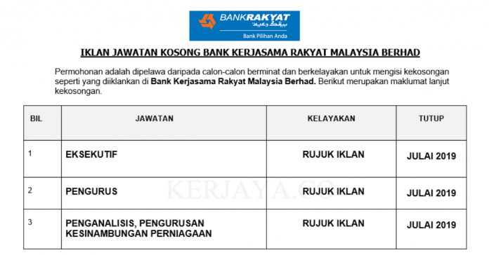 Bank Kerjasama Rakyat Malaysia Berhad Permohonan Eksekutif, Pengurus & Pelbagai Jawatan Lain di Buka