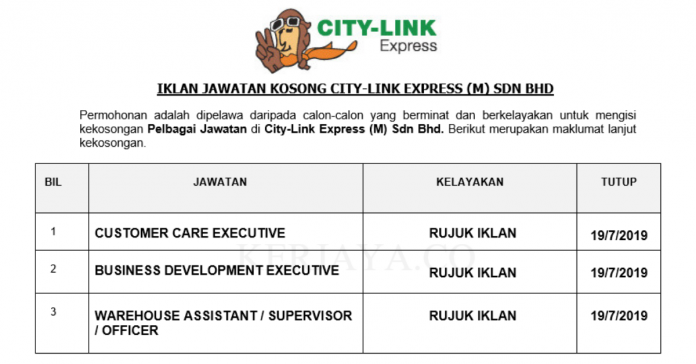 City-Link Express (M) Sdn Bhd City-Link Express ~ Customer Care Executive, Warehouse Assistant & Business Development Executive