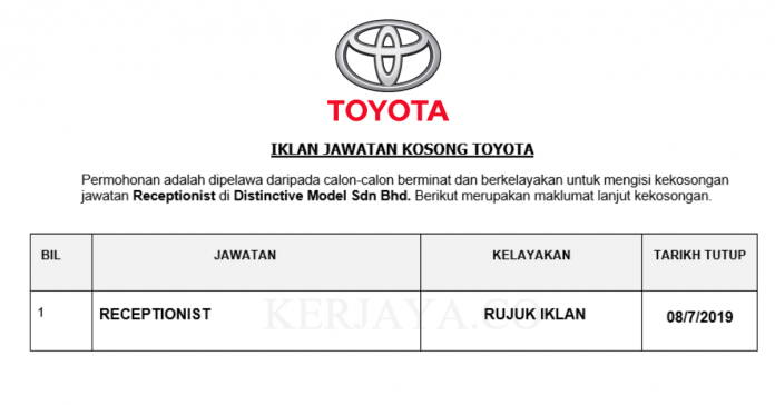 Distinctive Model Sdn Bhd Receptionist Toyota