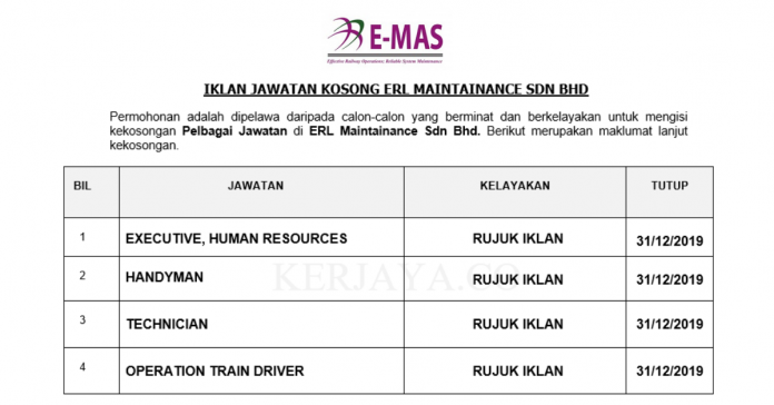 ERL Maintainance Sdn Bhd ERL Maintenance Support ~ Executive , Human Resources, Operation Train Driver & Pelbagai Jawatan Lain