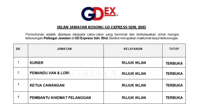 GD Express Sdn. Bhd GD Express ~ Kurier, Pemandu Van & Lori, Ketua Cawangan, Pembantu Khdimat Pelanggan &DLL