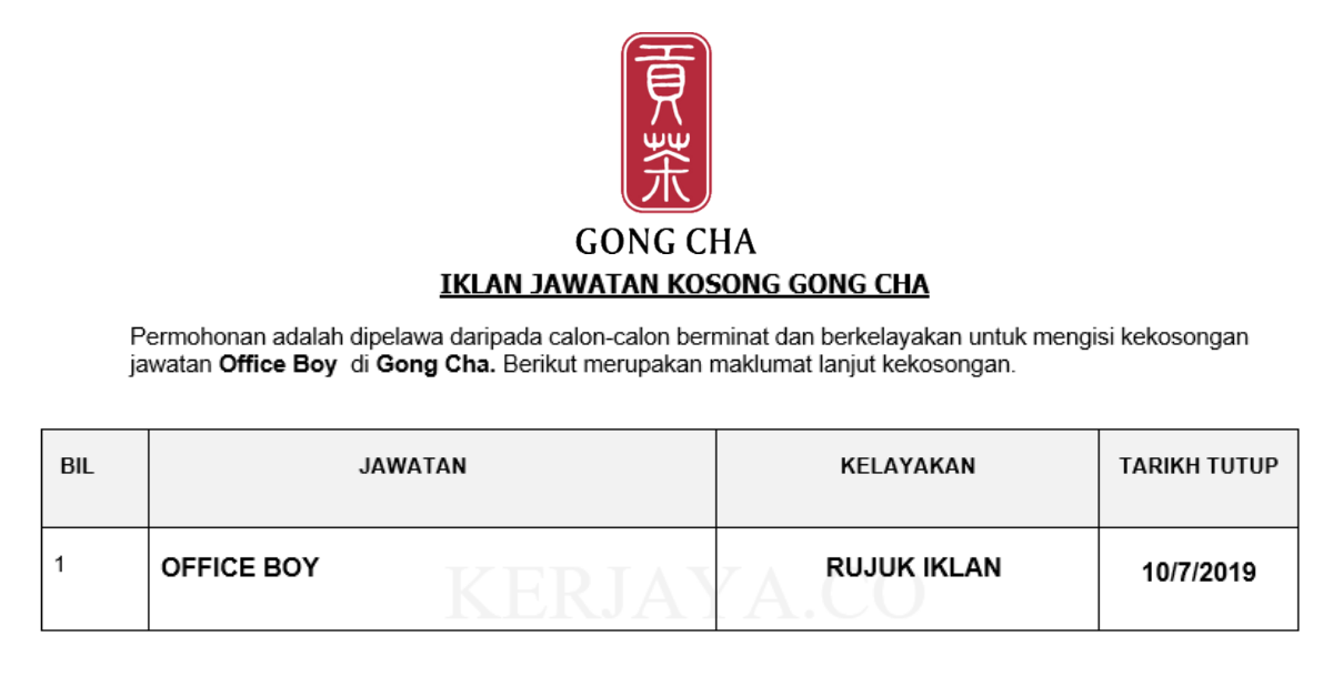 Jawatan Kosong Terkini Gong Cha Office Boy Kerja Kosong