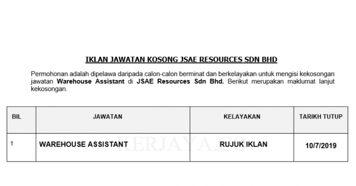 JSAE Resources Sdn Bhd JSAE Resources ~ Warehouse Assistant