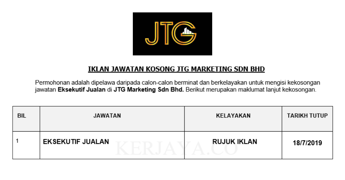 JTG Marketing Sdn Bhd • Kerja Kosong Kerajaan