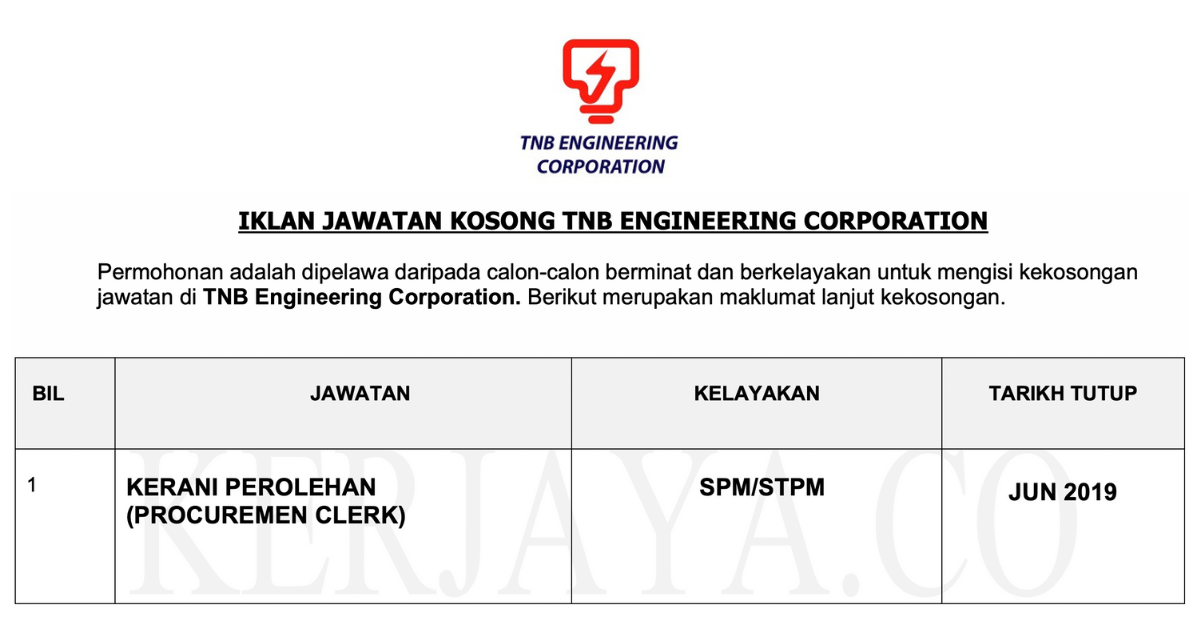 Jawatan Kosong TNB Engineering Corporation • Kerja Kosong 