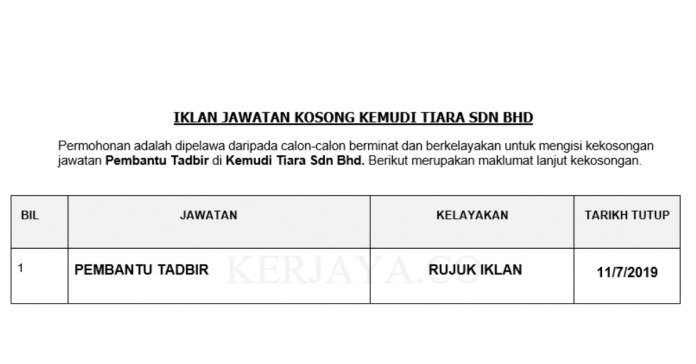 Kemudi Tiara Sdn Bhd Kemudi Tiara ~ Pembantu Tadbir