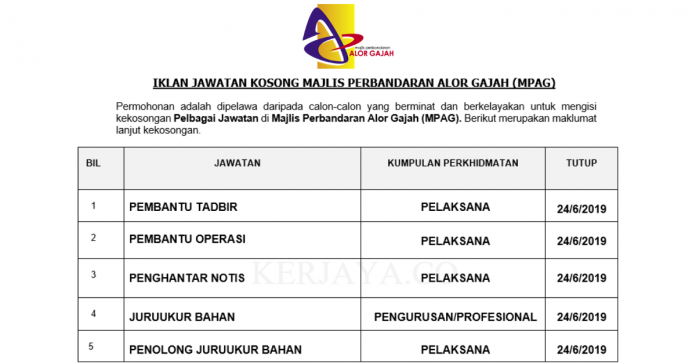 Majlis Perbandaran Alor Gajah (MPAG) Majlis Perbandaran Alor Gajah (MPAG) ~ Pembantu Tadbir, Pembantu Operasi, Penghantar Notis & DLL