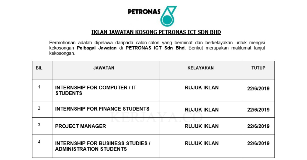Jawatan Kosong Terkini Petronas Ict Internship For Computer Internship For Business Studies Internship For Finance Students Kerja Kosong Kerajaan Swasta