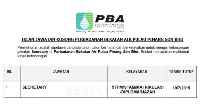Perbadanan Bekalan Air Pulau Pinang Sdn Bhd Perbadanan Bekalan Air Pulau Pinang ~ Secretary