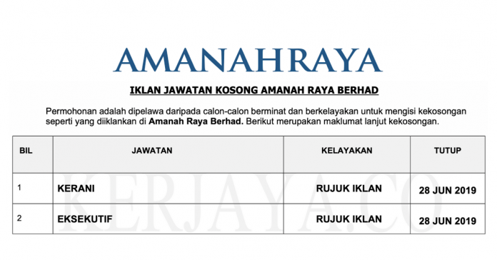 Permohonan Jawatan Kosong Terkini Amanah Raya Berhad Permohonan Jawatan Kerani & Eksekutif di Amanah Raya Berhad (ARB) di Buka