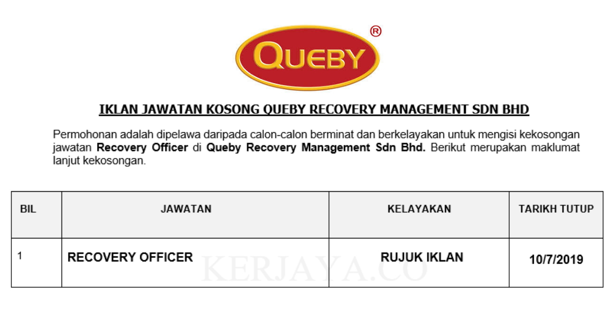 Queby Recovery Management Sdn Bhd • Kerja Kosong Kerajaan