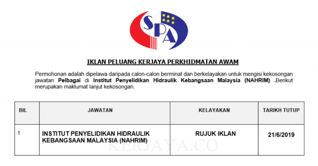Peluang Kerjaya Perkhidmatan Awam ~ Institut Penyelidikan Hidraulik Kebangsaan Malaysia (NAHRIM)