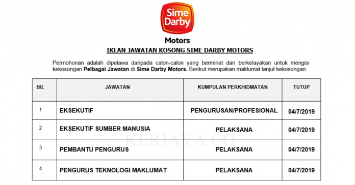 Sime Darby Motors Sime Darby Motors ~ Eksekutif, Eksekutif Sumber Manusia, Pengurus Teknologi Maklumat & DLL