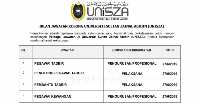 Universiti Sultan Zainal Abidin (UNISZA) (1) Iklan Jawatan Kosong Pekerja Sambilan Harian (PSH) UNISZA ~ Kekosongan Pegawai Tadbir, Penolong Pegawai Tadbir, Pembantu Tadbir & Pelbagai Jawatan Lain