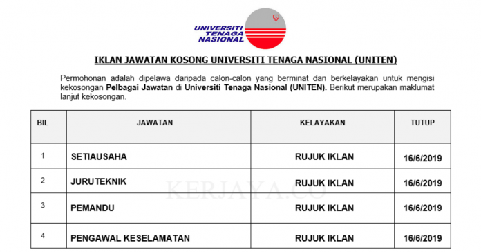 Universiti Tenaga Nasional (UNITEN) Universiti Tenaga Nasional (UNITEN) ~ Setiausaha, Juruteknik, Pemandu & Pengawal Keselamatan