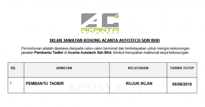 Acanta Autotech Sdn Bhd Acanta Autotech ~ Pembantu Tadbir