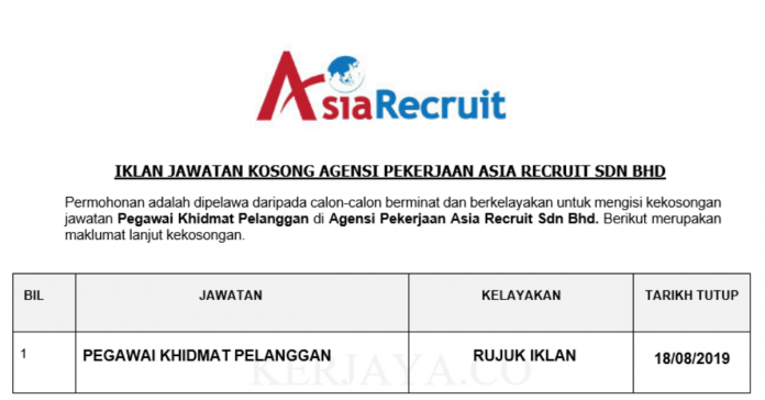 Agensi Pekerjaan Asia Recruit Sdn Bhd Agensi Pekerjaan Asia Recruit ~ Pegawai Khidmat Pelanggan