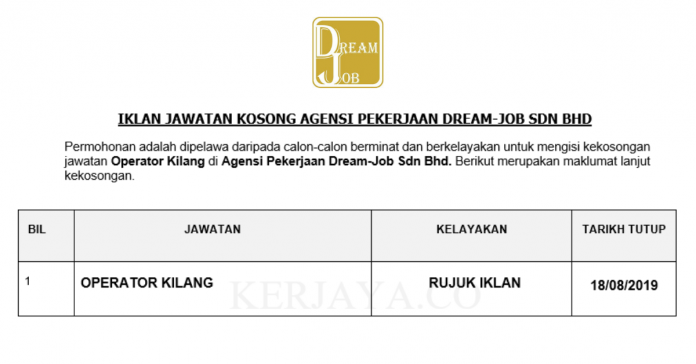 Agensi Pekerjaan Dream-Job Sdn Bhd Agensi Pekerjaan Dream-Job ~ Operator Kilang