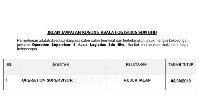 Avala Logistics Sdn Bhd Avala Logistics ~ Operation Supervisor