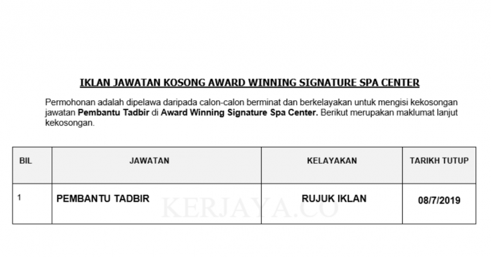 Award Winning Signature Spa Center Award Winning Signature Spa Center ~ Pembantu Tadbir