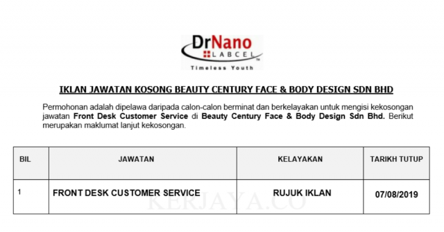 Beauty Century Face & Body Design  ~ Front Desk Customer Service