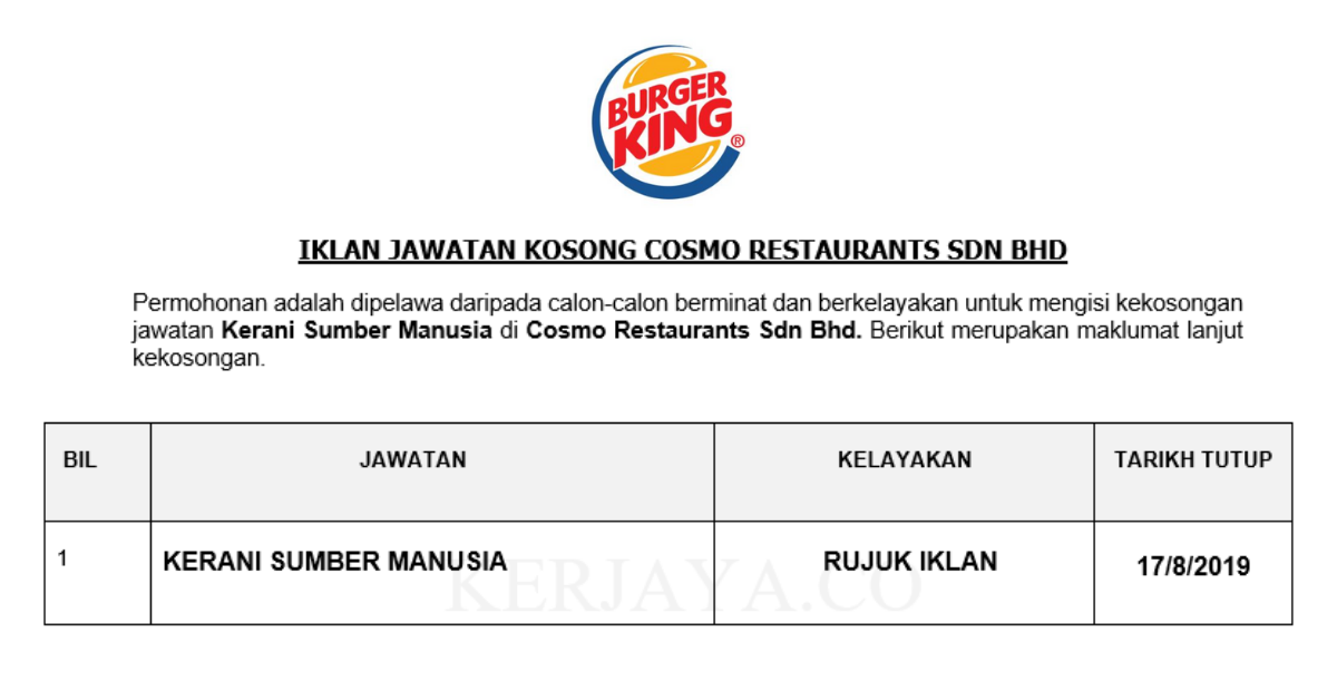 Cosmo Restaurants ~ Kerani Sumber Manusia