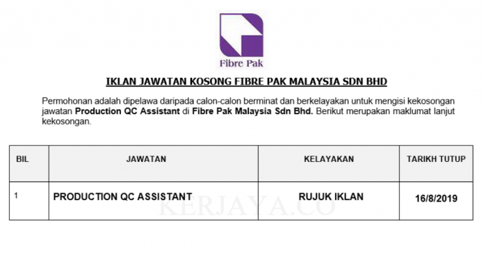 Fibre Pak Malaysia Sdn Bhd Fibre Pak Malaysia ~ Production QC Assistant
