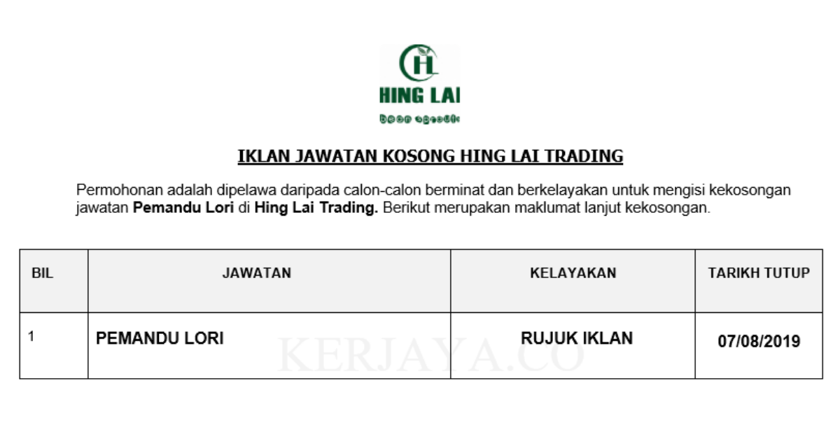 Hing Lai Trading • Kerja Kosong Kerajaan