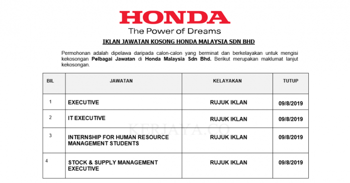 Honda Malaysia Sdn Bhd Honda Malaysia ~ Pelbagai Kekosongan Jawatan