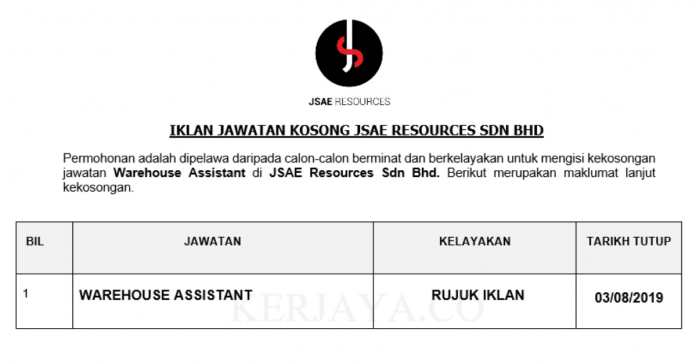 JSAE Resources Sdn Bhd JSAE Resources ~ Warehouse Assistant