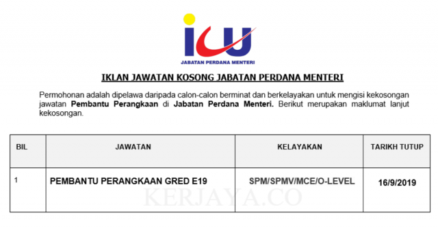 Jabatan Perdana Menteri – Kekosongan Pembantu Perangkaan E19